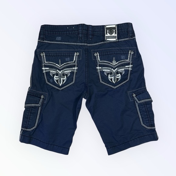 Rock Revival Classic Navy Men's 36 Embroidered Distressed Stitch Cargo Shorts